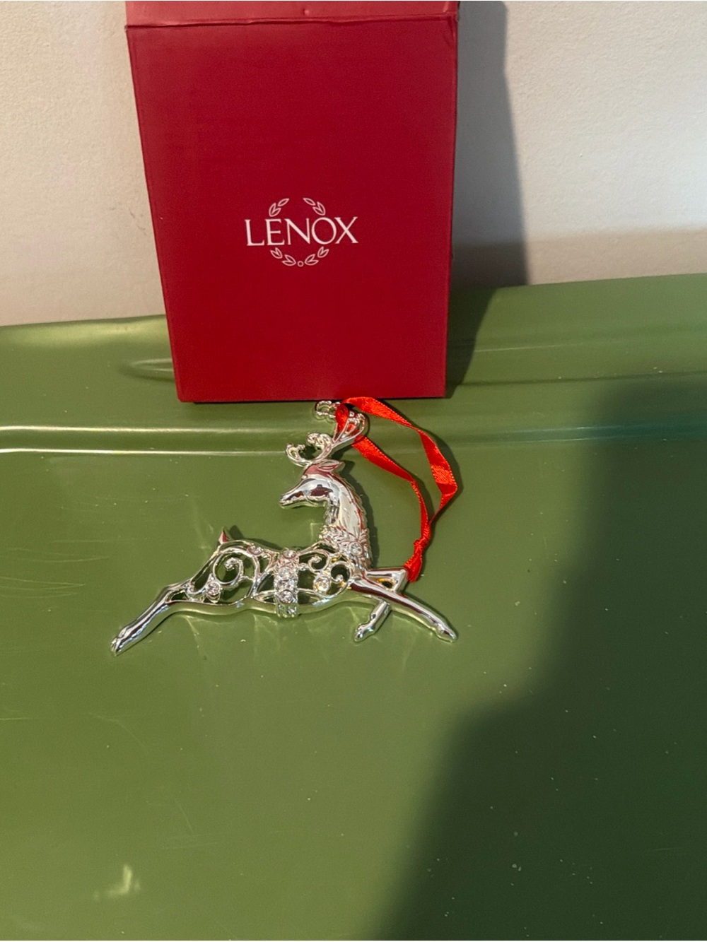 LENOX Sparkle and Scroll Clear Crystal Silverplate Reindeer Ornament New